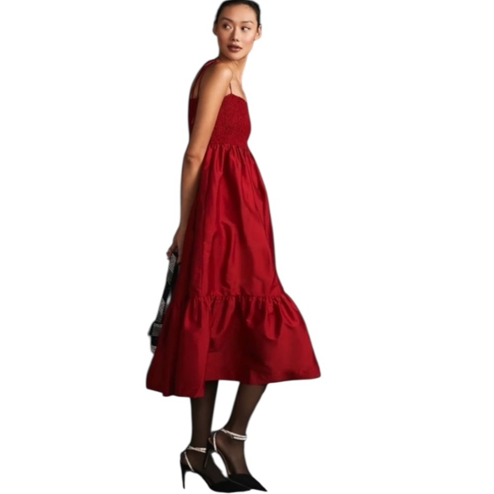 NWOT Anthropologie Dhruv Kapoor Red Smocked Bodice Tiered Midi Dress Size L - Picture 2 of 12
